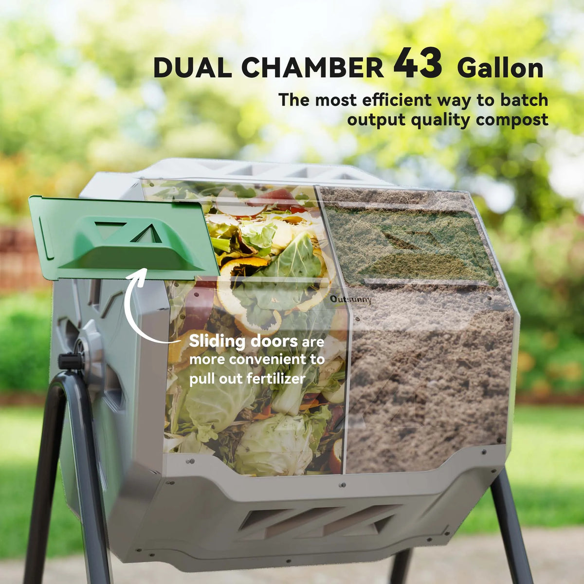 Garden Compost Bin Dual Tumbler Rotating Outdoor Composter with Sliding Doors
