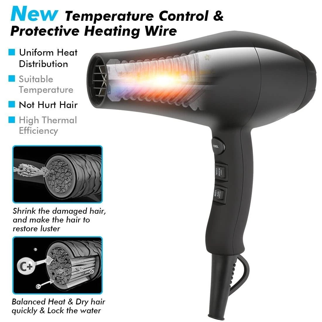 Hair Dryer with Diffuser & Comb and Concentrator, Lightweight Quiet Infrared Blow Dryer,    Black