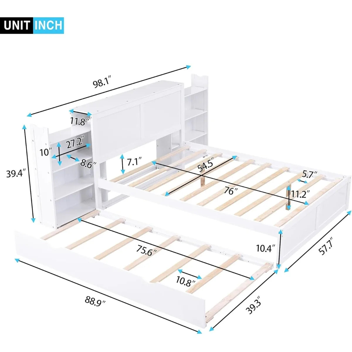 Full Size Storage Platform Bed with Pull Out Shelves, Twin Size Trundle, Solid Wood and MDF, 98" L x 89" W x 39.5" H