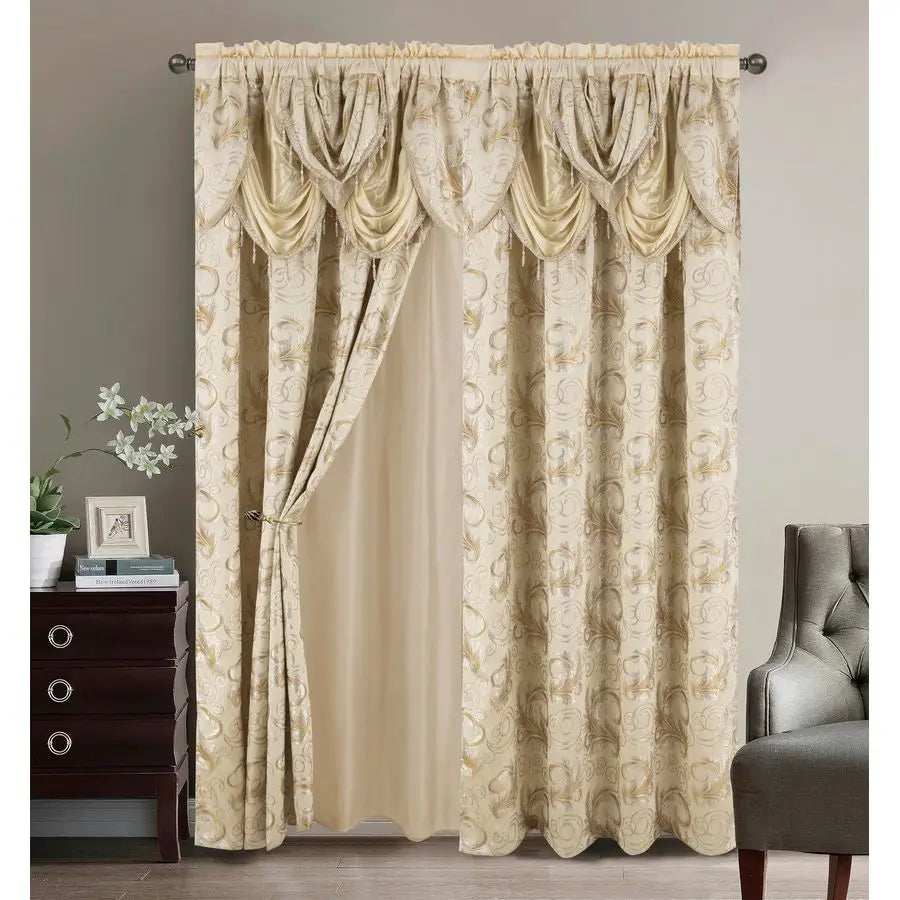 Jacquard Luxury Window 2 Panel Set Beige Curtain with Attached Valance and Backing  2 Curtains 55x84