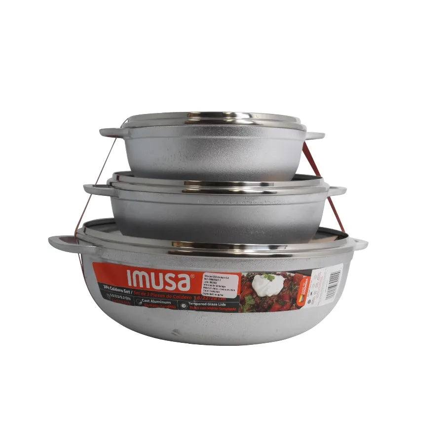 1.5/2.5/5.2qt Cast Aluminum . 3pc Set with Glass Lid - 18/22/28cm Tempered Glass Lid, Riveted Handle.