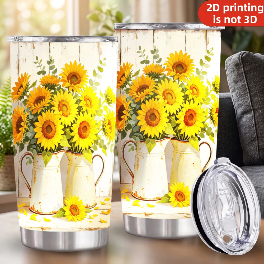 20oz Farmhouse Sunflower Pitcher Printed Stainless Steel Tumbler with Lid and Straw, Rustic White Wood Yellow Floral Bouquet Country Cottage .
