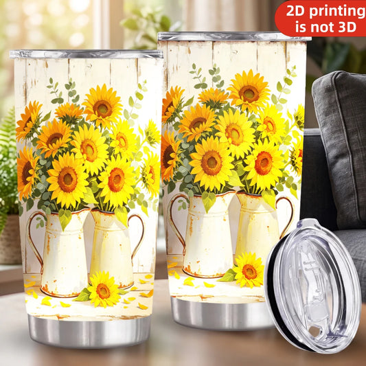20oz Farmhouse Sunflower Pitcher Printed Stainless Steel Tumbler with Lid and Straw, Rustic White Wood Yellow Floral Bouquet Country Cottage .