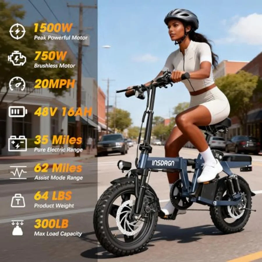14 Folding Electric Bike for Adults with 1500W Peak Motor 20MPH Max Speed