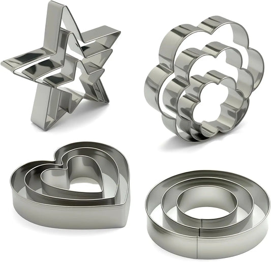 Metal Cookie Cutters Set of 12 - Heart, Flower, Round, Star Shapes