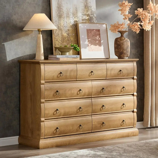 Vintage 52 Wide Chest with Curved Fronts and Retro Ring Pulls, Light Walnut Wood Storage for Living Spaces