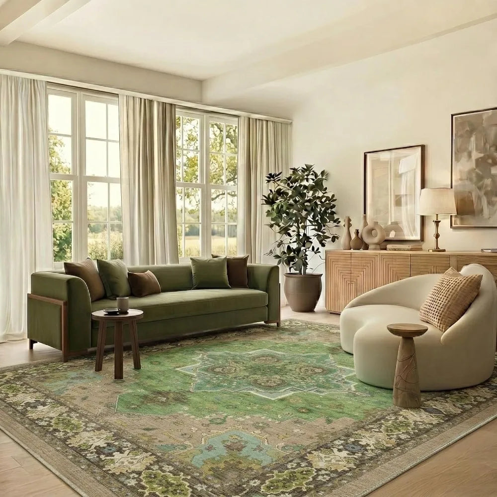 8x10 Vintage Washable Area Rug. Low-Pile Non-Slip Carpet for.