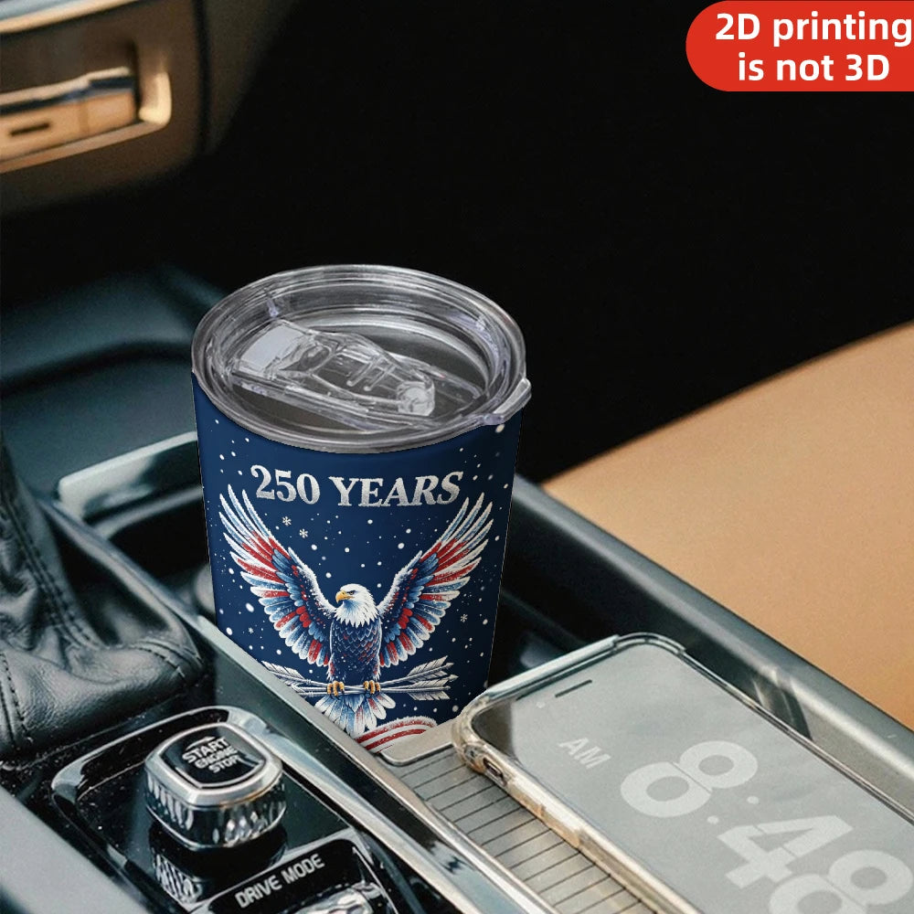 20oz USA 250th Anniversary Printed Stainless Steel Tumbler with Lid and Straw, Navy Blue Patriotic Eagle 1776-2026 American Flag .