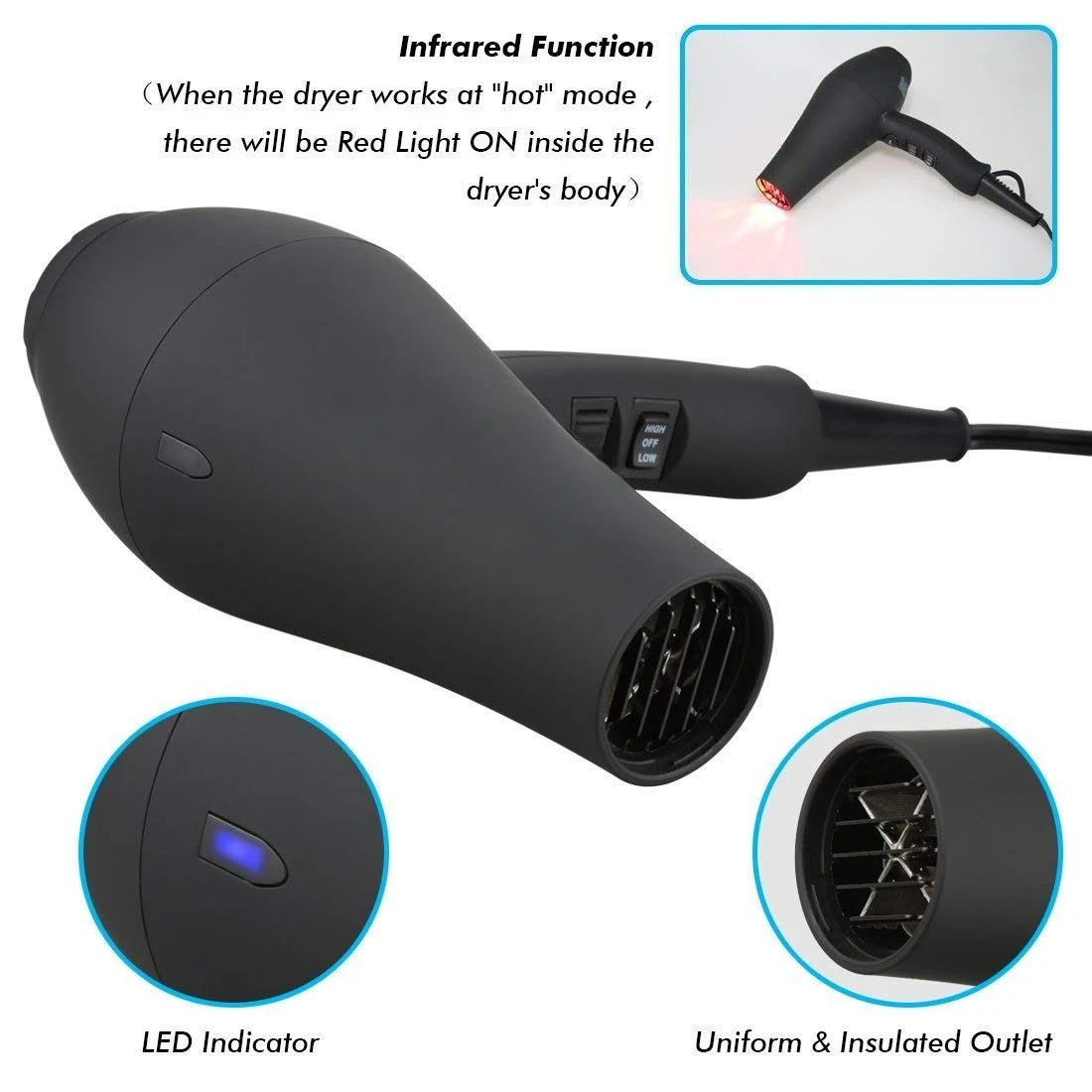 Hair Dryer with Diffuser & Comb and Concentrator, Lightweight Quiet Infrared Blow Dryer,    Black