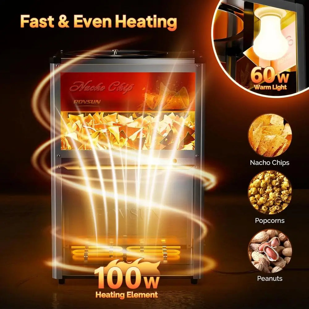 Nacho Chip Warmer, Nacho Machine Countertop Food Warmer Display Case with Warming Light, Glass Door, Scoop & Removable Deflectio