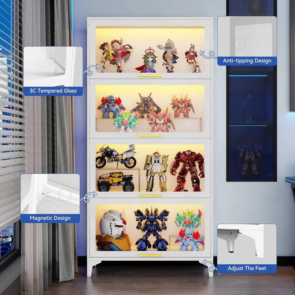 65 Tall Glass Display Cabinet with RGB LED Lights, 4-Tier Showcase for Figurines, Collectibles, Books (White)