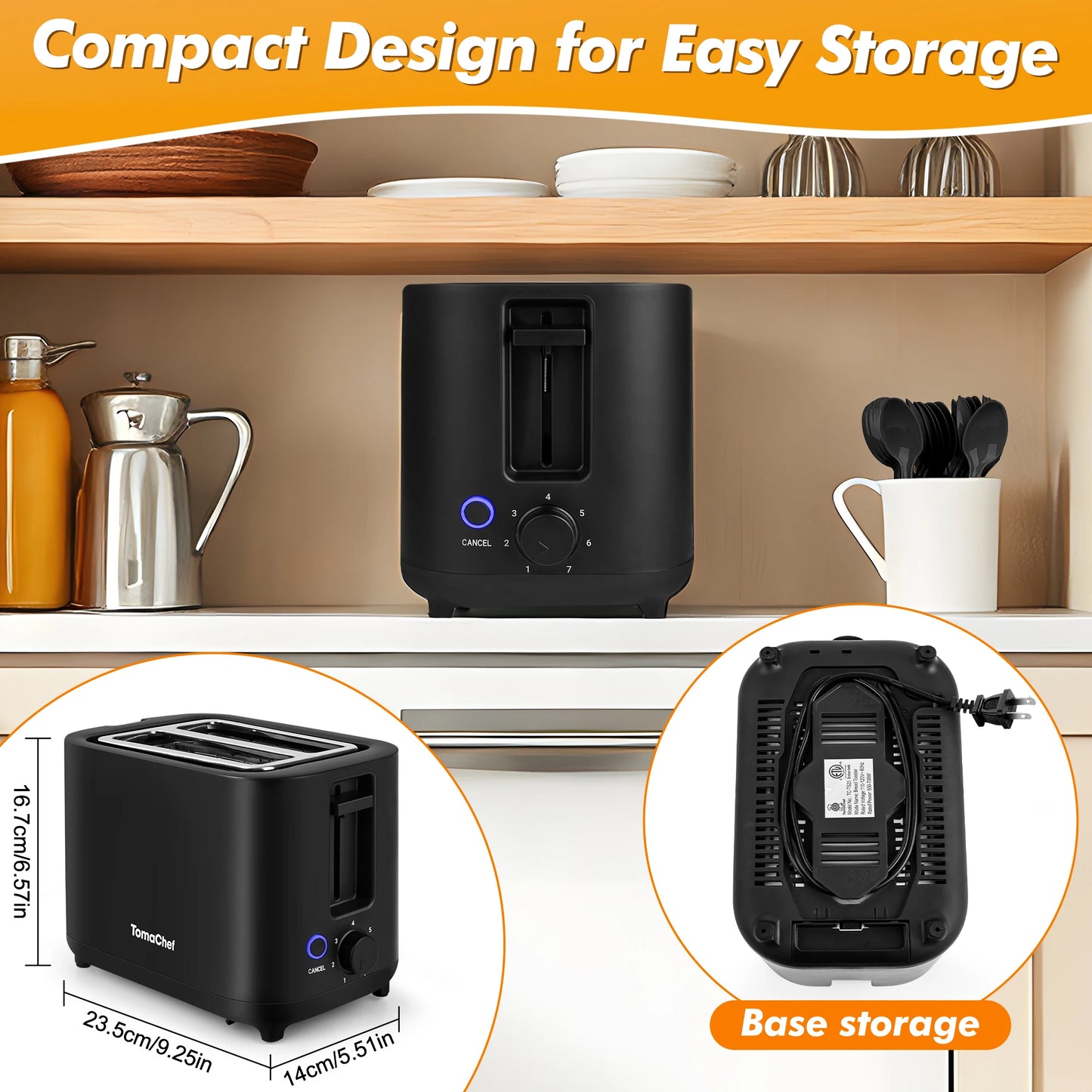 TomaChef  compact electric toaster 700W, with 7 heating Settings and a detachable breadcrumb tray.