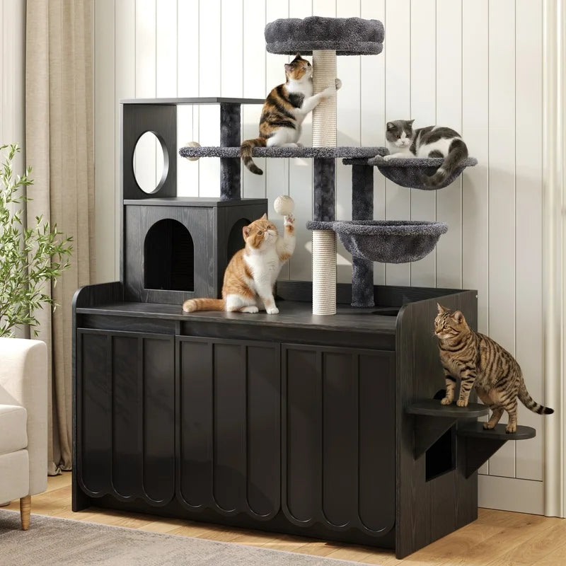 Black Cat Tree with Litter Box Enclosure, Sisal Scratching Post, Storage, Hammock, and Perch –