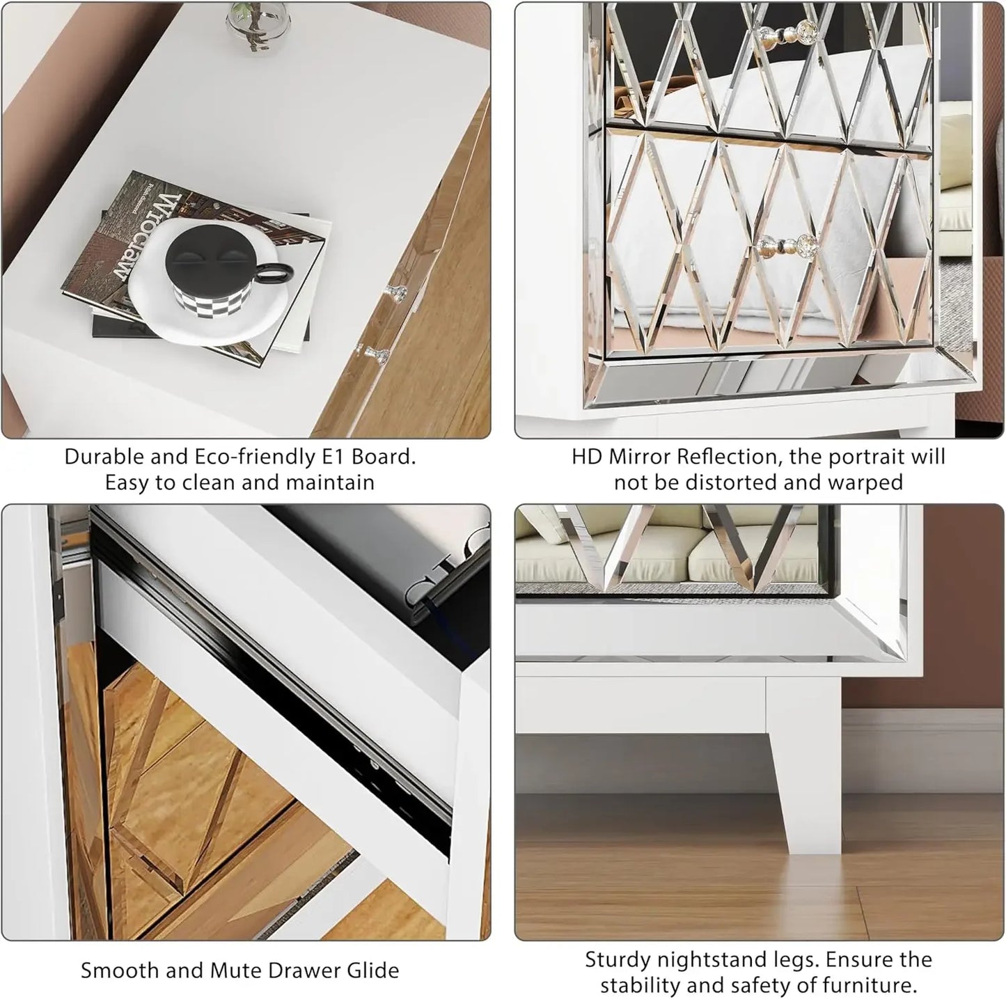 12x18x22" Nightstand Mirrored, White Night Stand with 2 Drawers,