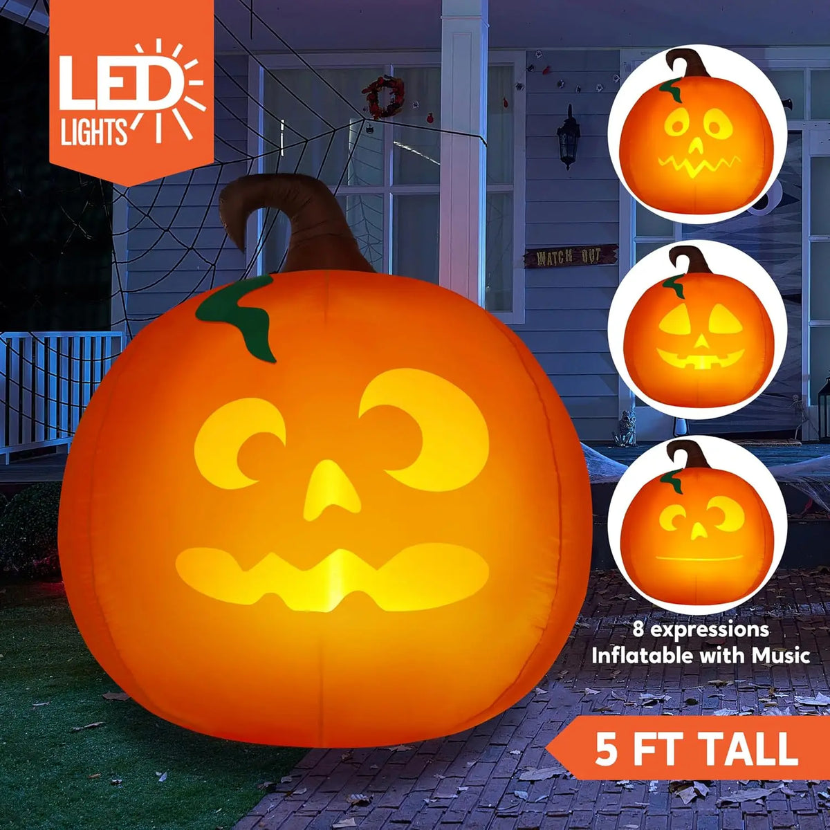 5 Ft Tall Pumpkin with Projector Face and Music Halloween Inflatable Pumpkin Outdoor Decoration Blow Up Yard Decorations with LEDs.