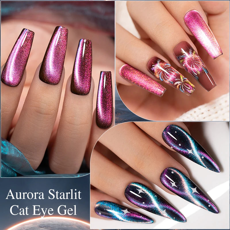 6pcs Magnetic Cat Eye Gel Polish Set, Aurora Glitter Rainbow Colors,.