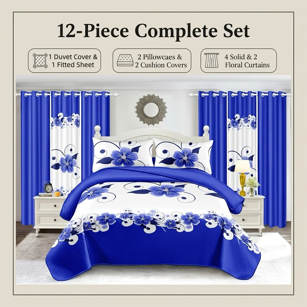 9 Piece Luxury Bedspread And Curtain Set Purple Floral Microfiber All Season
