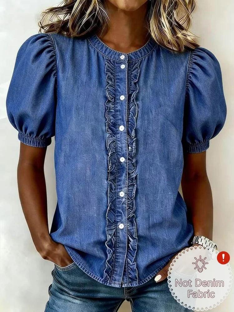 Round Neck Puff Short Sleeve Ruffle Placket Button Front Loose Casual Blouse.