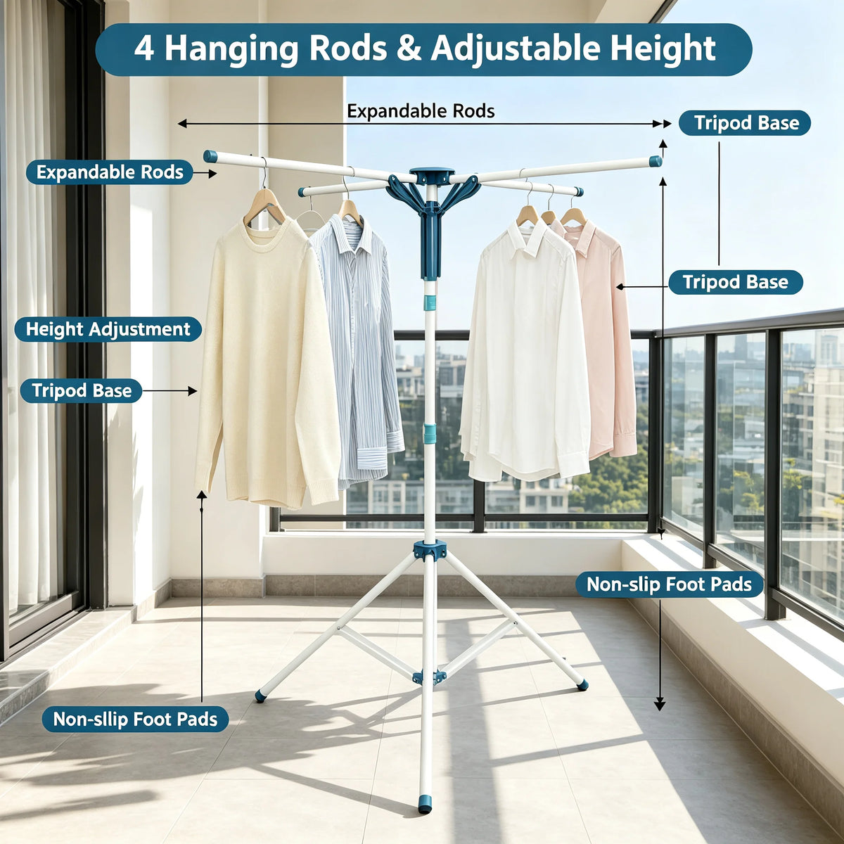 Tripod Clothes Drying Rack Foldable Laundry Rack with 4 Hanging Rods, Adjustable Height 3.61-5.91ft .
