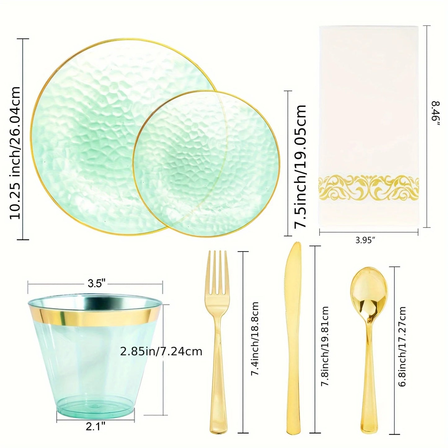 350-Piece Transparent Green Plastic Plates + Matching Green & Gold Cutlery Set