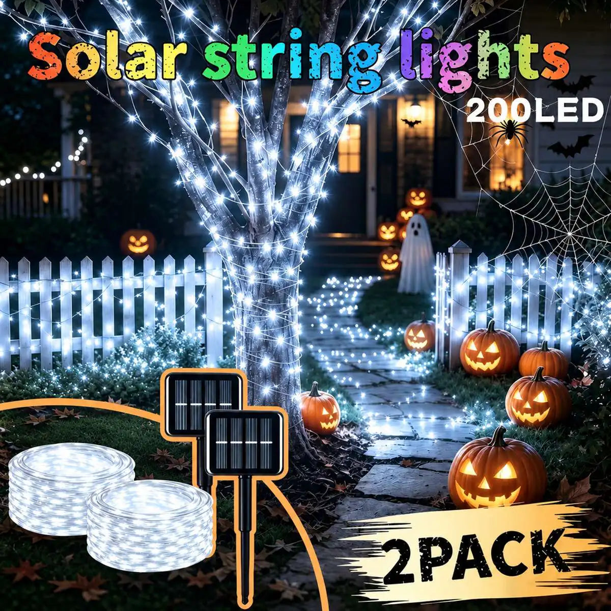 2Pcs/Set Halloween Solar Fairy String Lights Copper Wire LED Outdoor Lights With 8 Modes Outdoor.