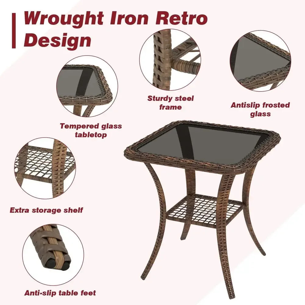 3-Piece Outdoor Swivel Rocker Set with Wicker Bistro Chairs, Cushions, and Glass Coffee Table in Wine Red .