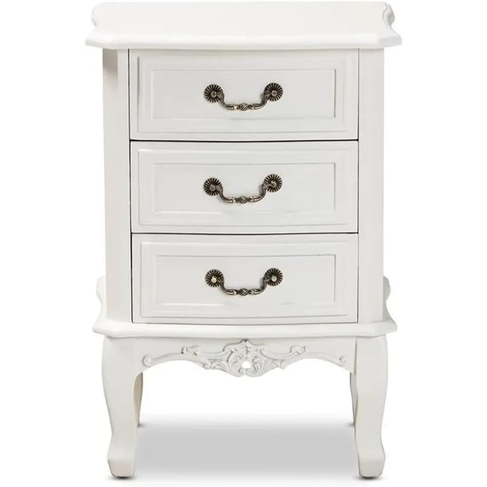 French Provincial Style White Nightstand with Brass Handles