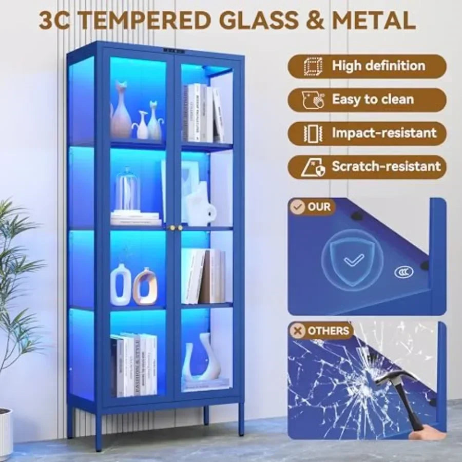 66 Glass Display Cabinet with 8-Color LED for Collectibles: Premium Tempered Glass, Sleek Black Frame,