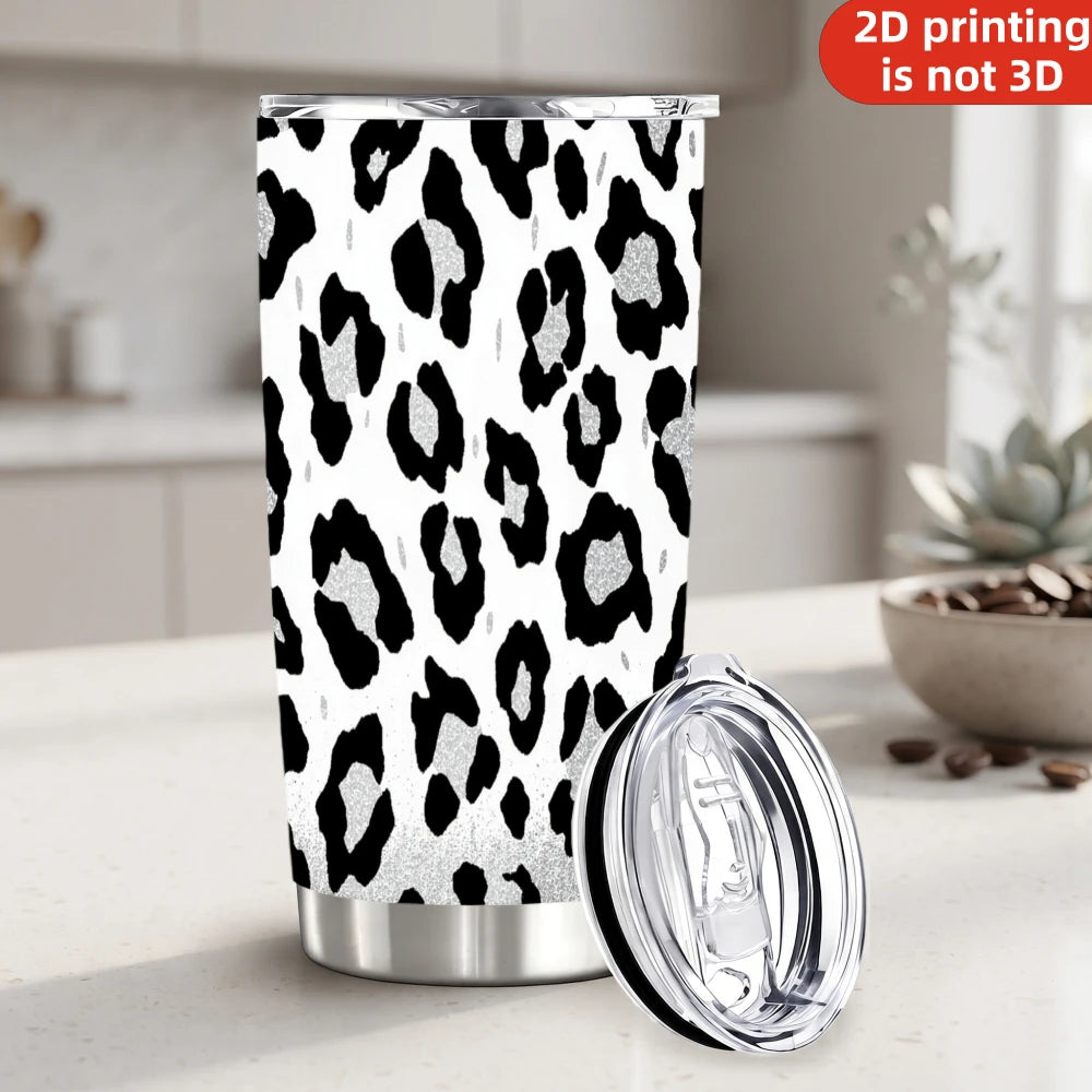 20oz Black Silver Glitter Leopard Print Stainless Steel Tumbler with Lid and Straw.