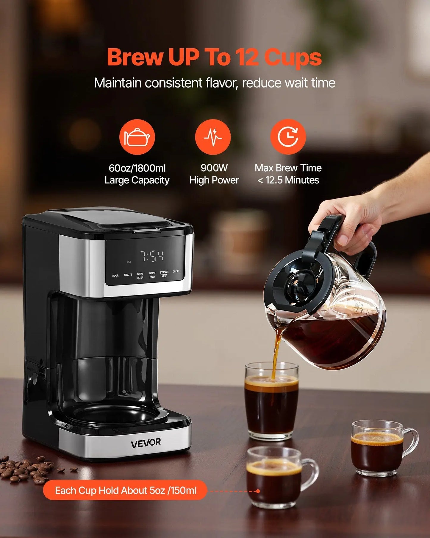 Programmable Coffee Maker, 12 Cup Programmable Drip Coffee Makers with Touch Screen, 4.