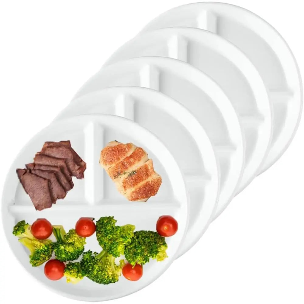 5-Piece Durable Divided Plates, Lightweight Reusable Dinnerware .White, 9 (Portion Control)
