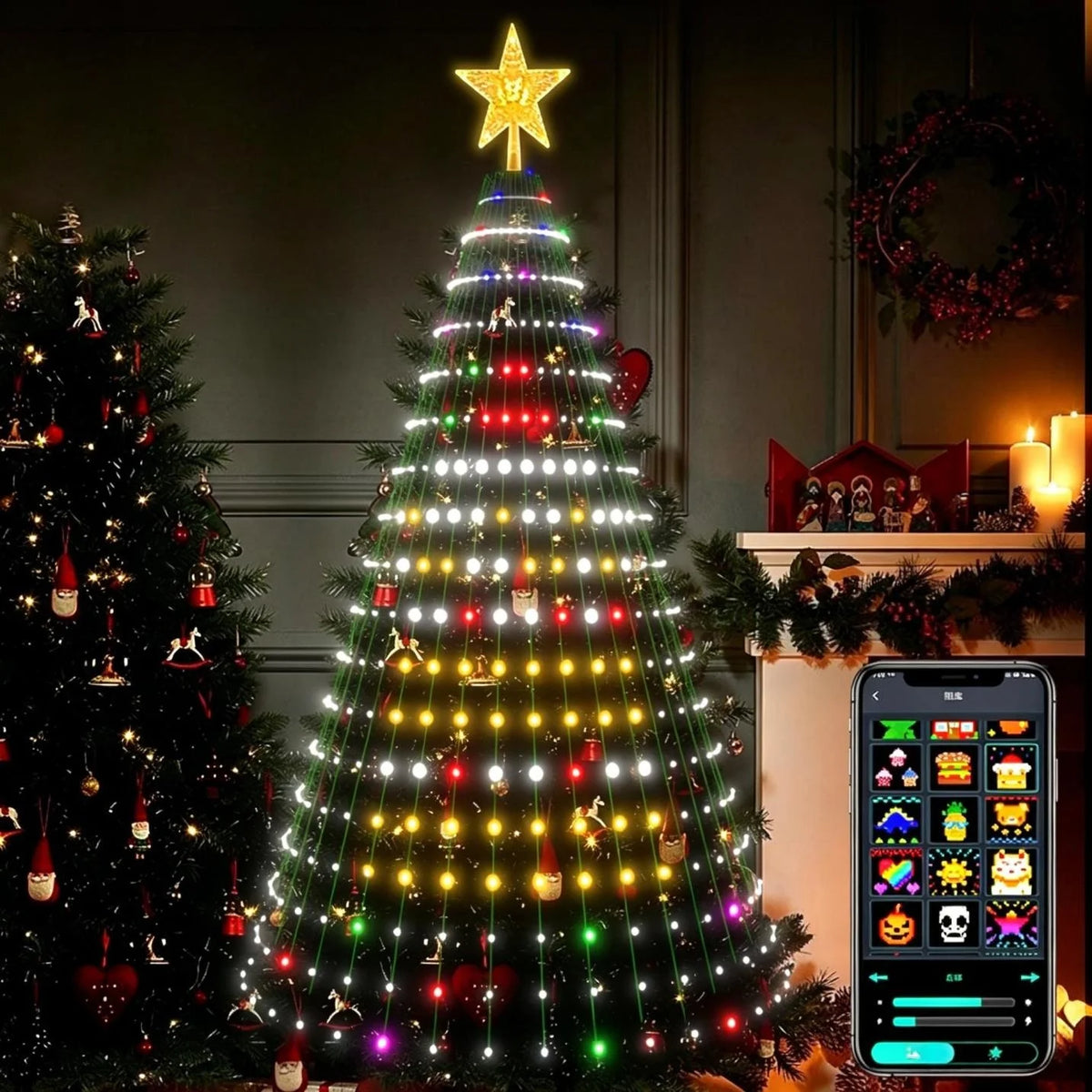 1.8CM/2.1CM RGB Christmas Tree Waterfall Lights With Star Topper,APP Remote Control . Multicolor Fairy Light
