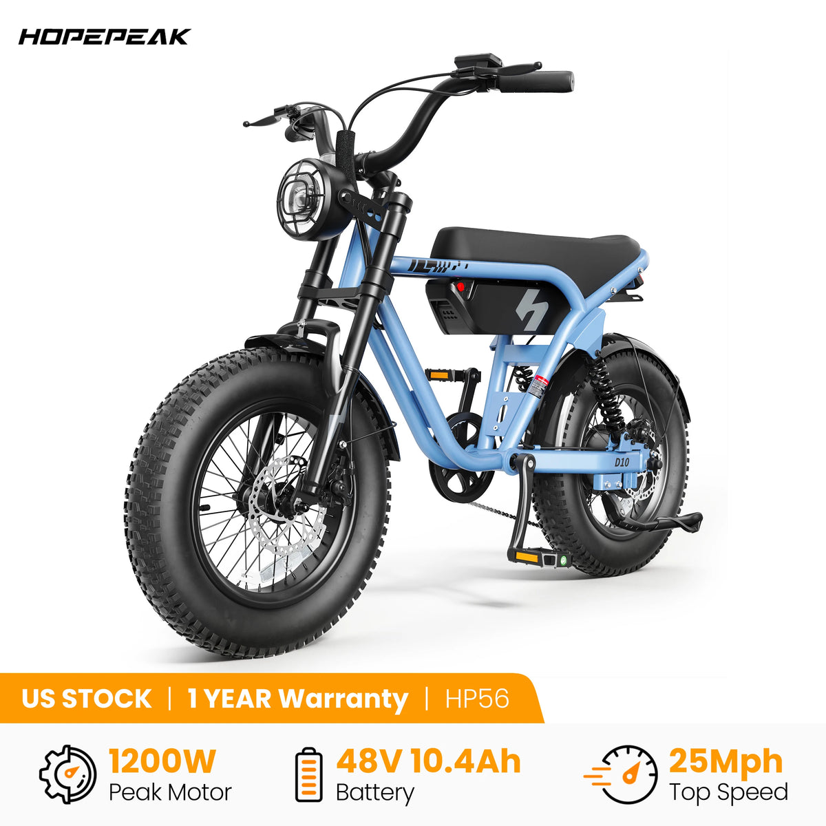 Hopepeak D10 Electric Bike, 16" Fat Tires Electric Mountain Bike, 1500W Peak Motor 48V 13Ah, 25 MPH 60Mi Range Off-Road Ebike with Full Suspension