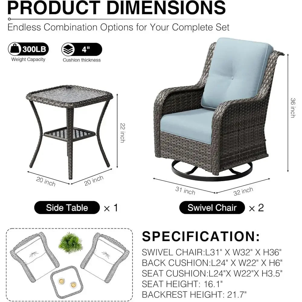 3-Piece Wicker Outdoor Swivel Rocker Set with High Back, Deep Seating, Wide Armrests, .
