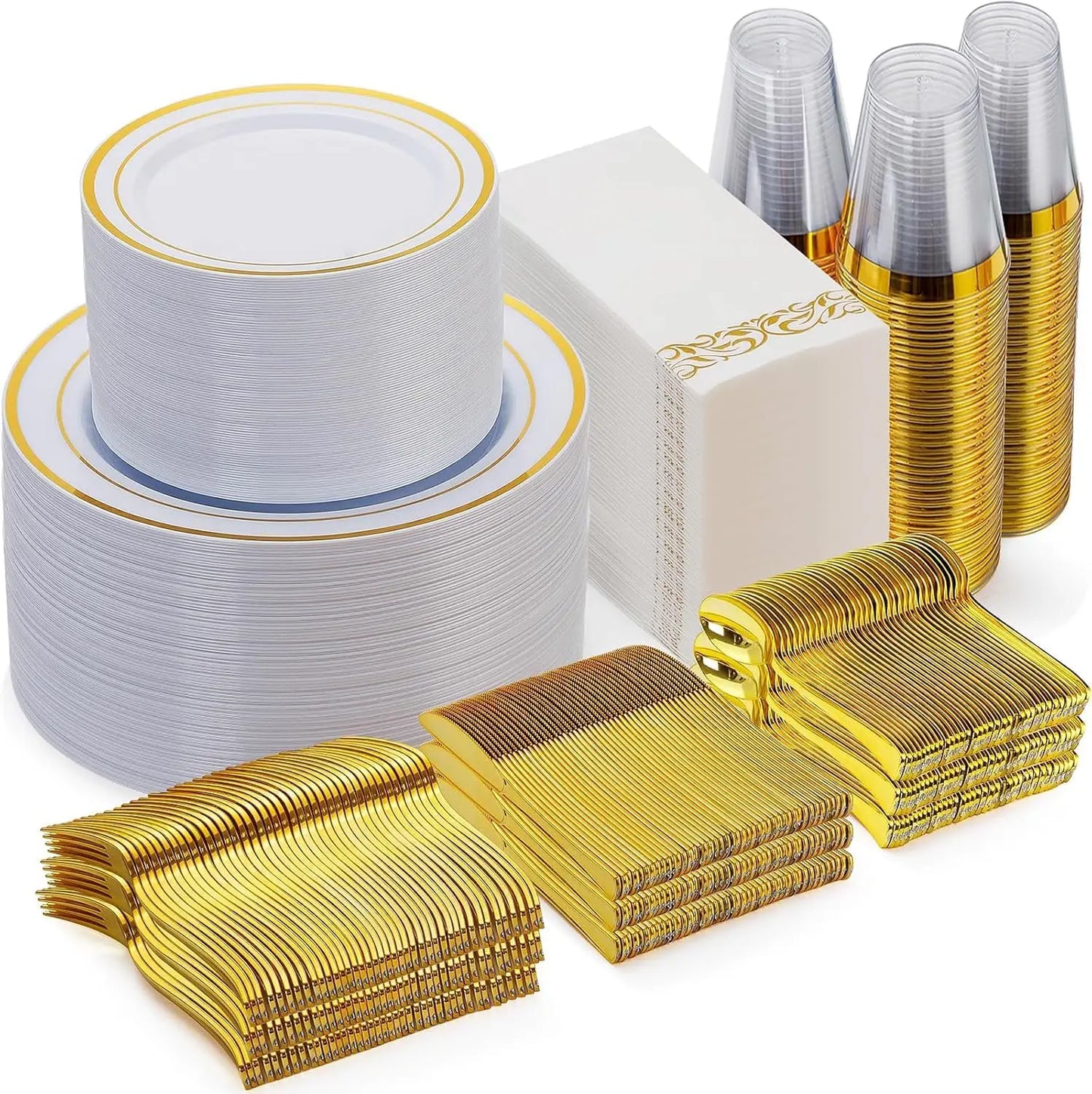 700 Pieces Gold Dinnerware Set for 100 Guests. Include: 100 Gold Rim Dinner Plates, 100 Dessert Plates, 10