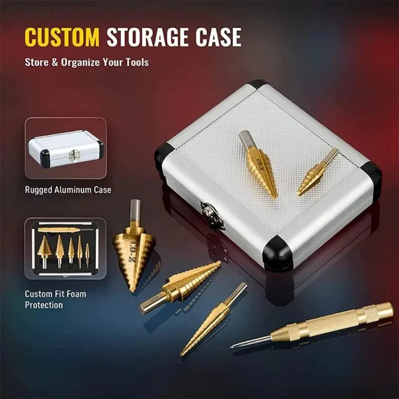 5-Piece Titanium-Coated High Speed Steel with Automatic Center Punch for Drilling Sheet Metal.