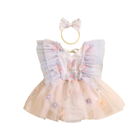 Baby Girl 2Piece Summer Set 3D Butterfly Flower Embroidery Fly Sleeve Mesh Romper Dress 3D Bow Headband