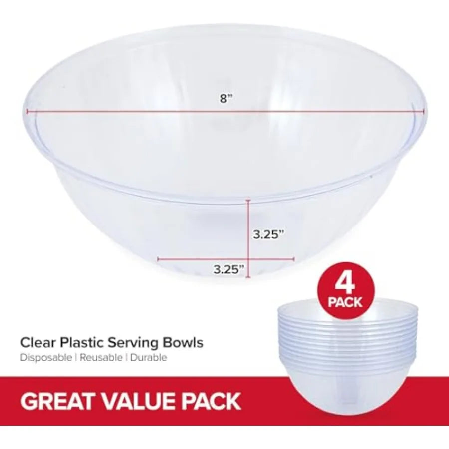 Clear Plastic Serving Bowls 4 Pack Disposable for Chips, Popcorn, Snacks, Mints, Salad Bar.