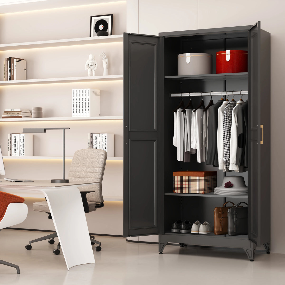 Steel Long Adult Modern Steel Armoire Wardrobe Storage Closet with 2 Doors and Shelves .