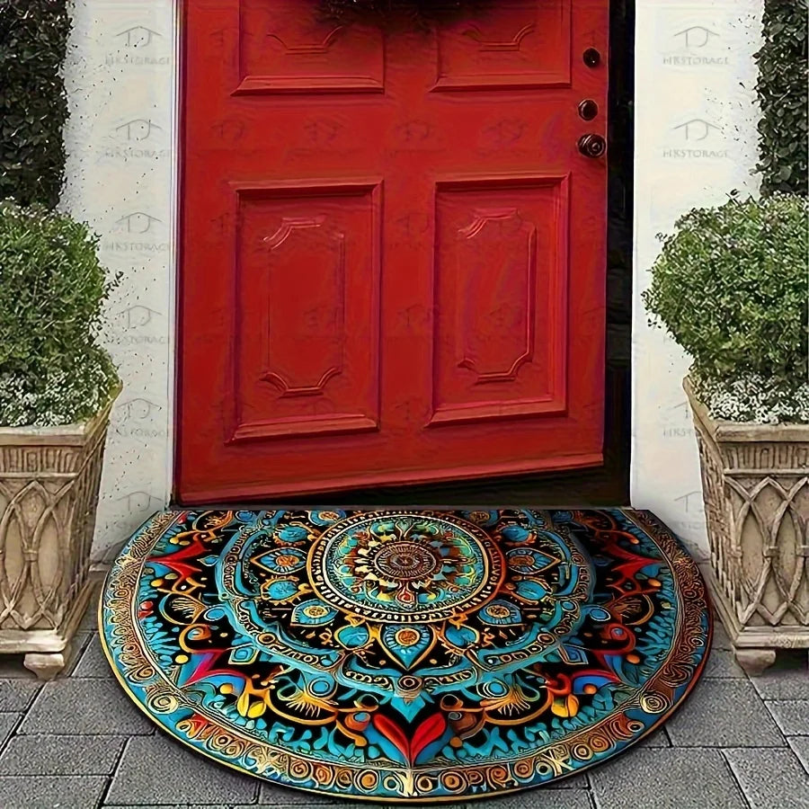 A bohemian mandala semi-circular floor mat,