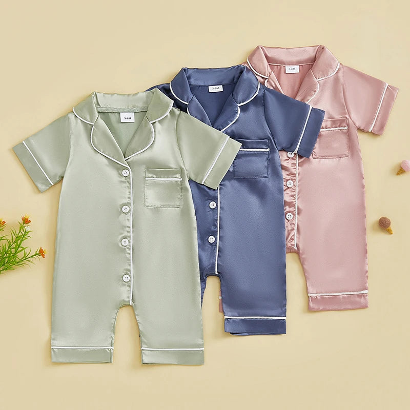 Infant Unisex Sleepsuits s Color Block Lapel Short Sleeve Pajamas