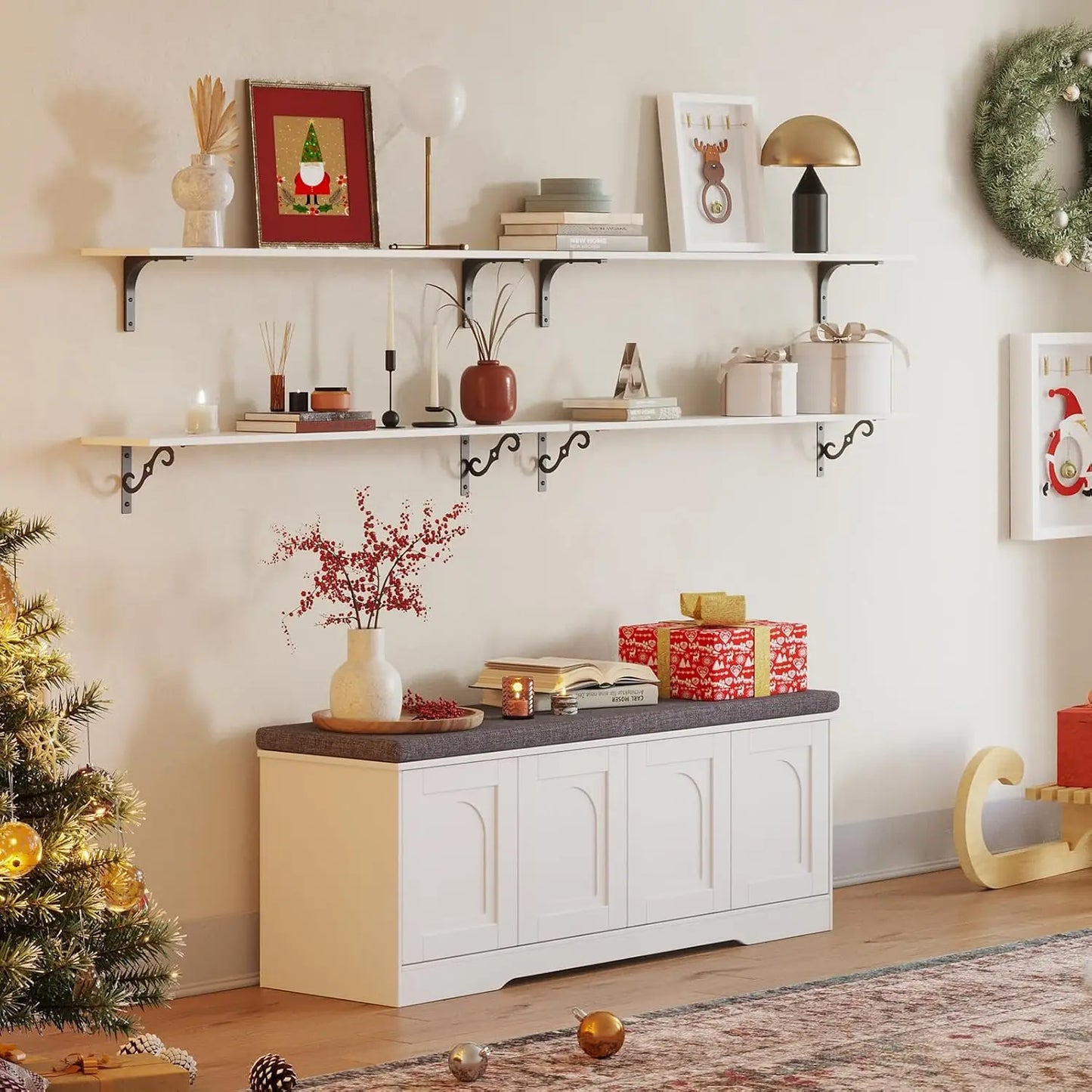 Shoe Bench. Storage Bench With Doors Cushion Two Tier Shoe Rack. White