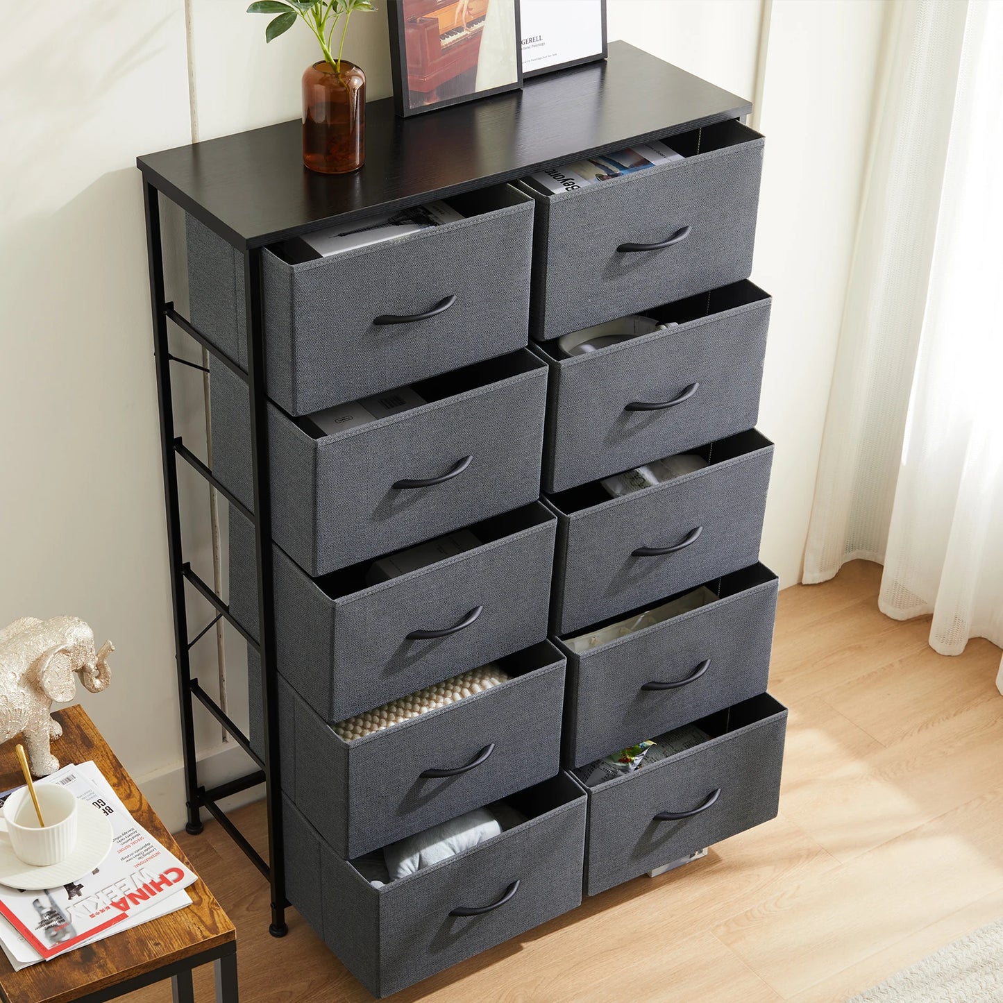 Bedside Table For Bedroom With 10 Fabric Drawers Nightstand Storage Cabinet