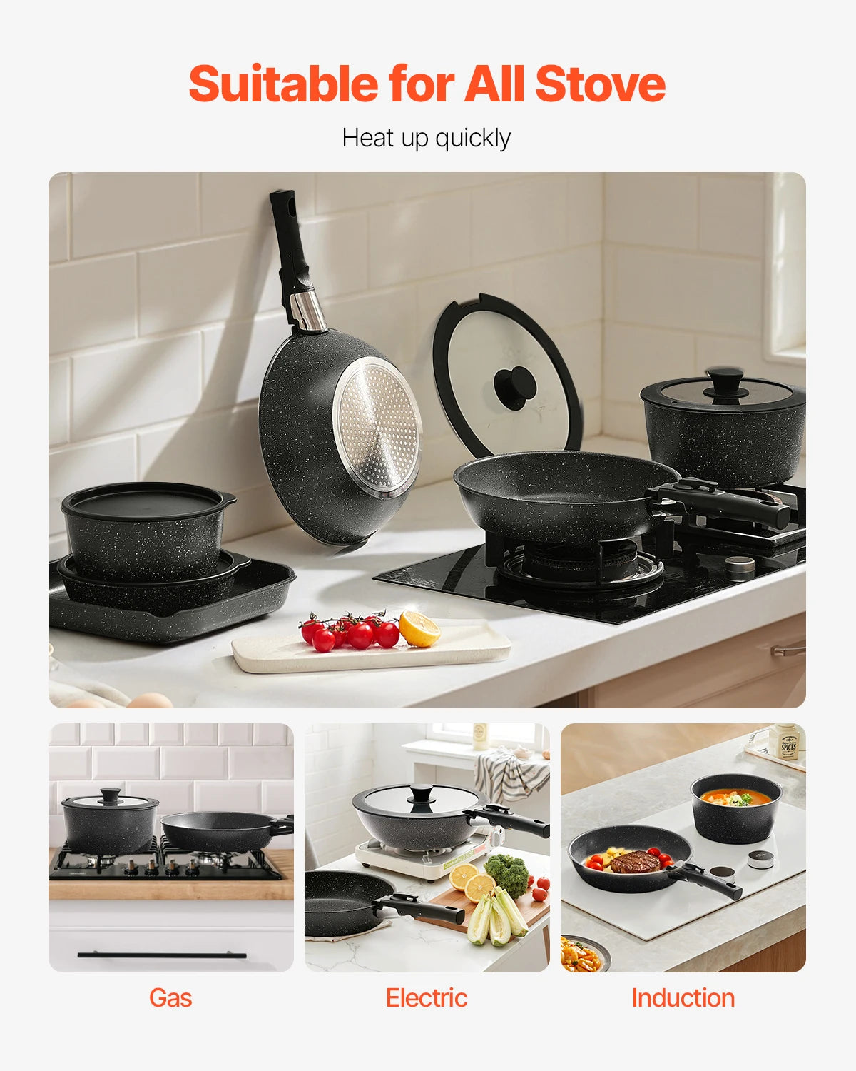 17 Pcs Nonstick Cookware Set Granite Pots and Pans Set Induction  Kitchen Cooking Set w/Frying Sauce Sauté Pan