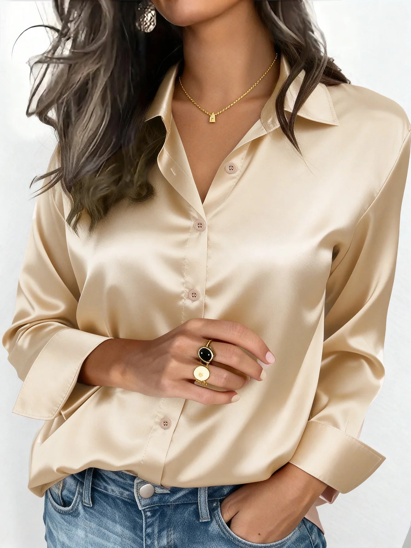 Women's Satin Button-Up Blouse, Apparel
