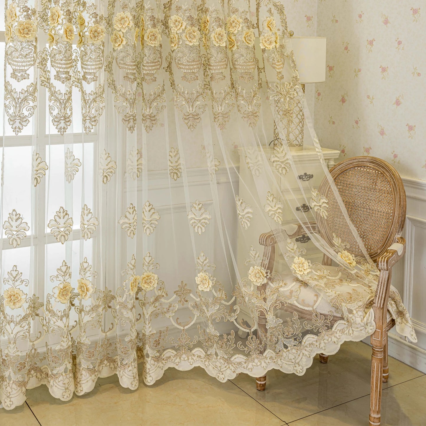 White gauze curtain, luxurious 3D embroidered gauze,
