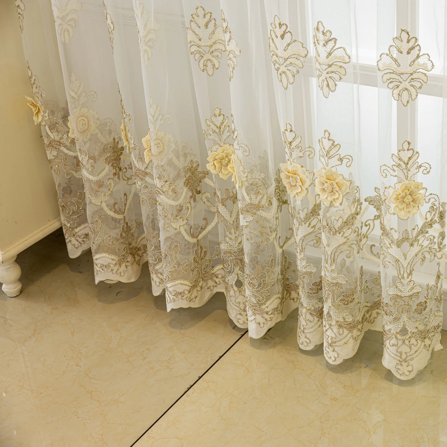White gauze curtain, luxurious 3D embroidered gauze,
