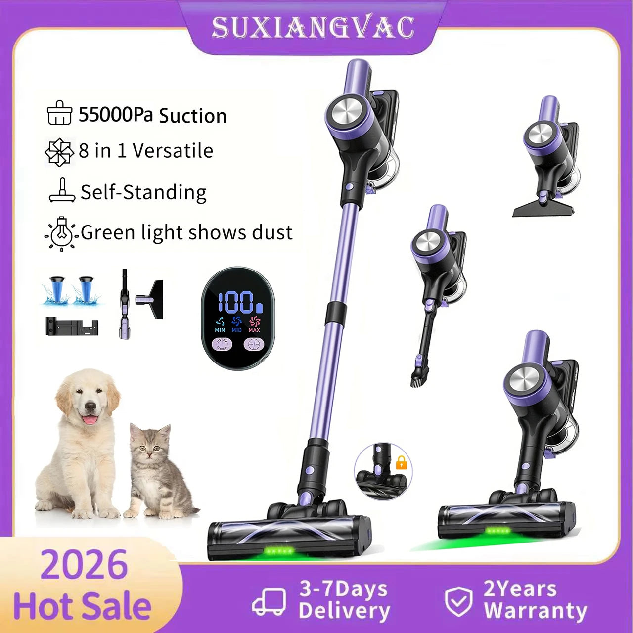 500W/55KPA Self-Standing Cordless Vacuum Cleaner,60 Mins Handheld Vacuum. Carpet/Pet Hair