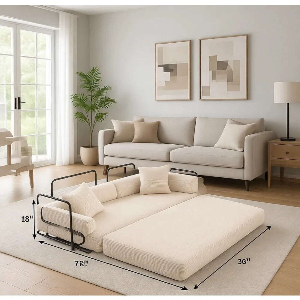 70" Convertible Floor Sofa Bed - 5-in-1 Foldable Couch with High-Density Sponge, Corduroy Fabric (Beige)