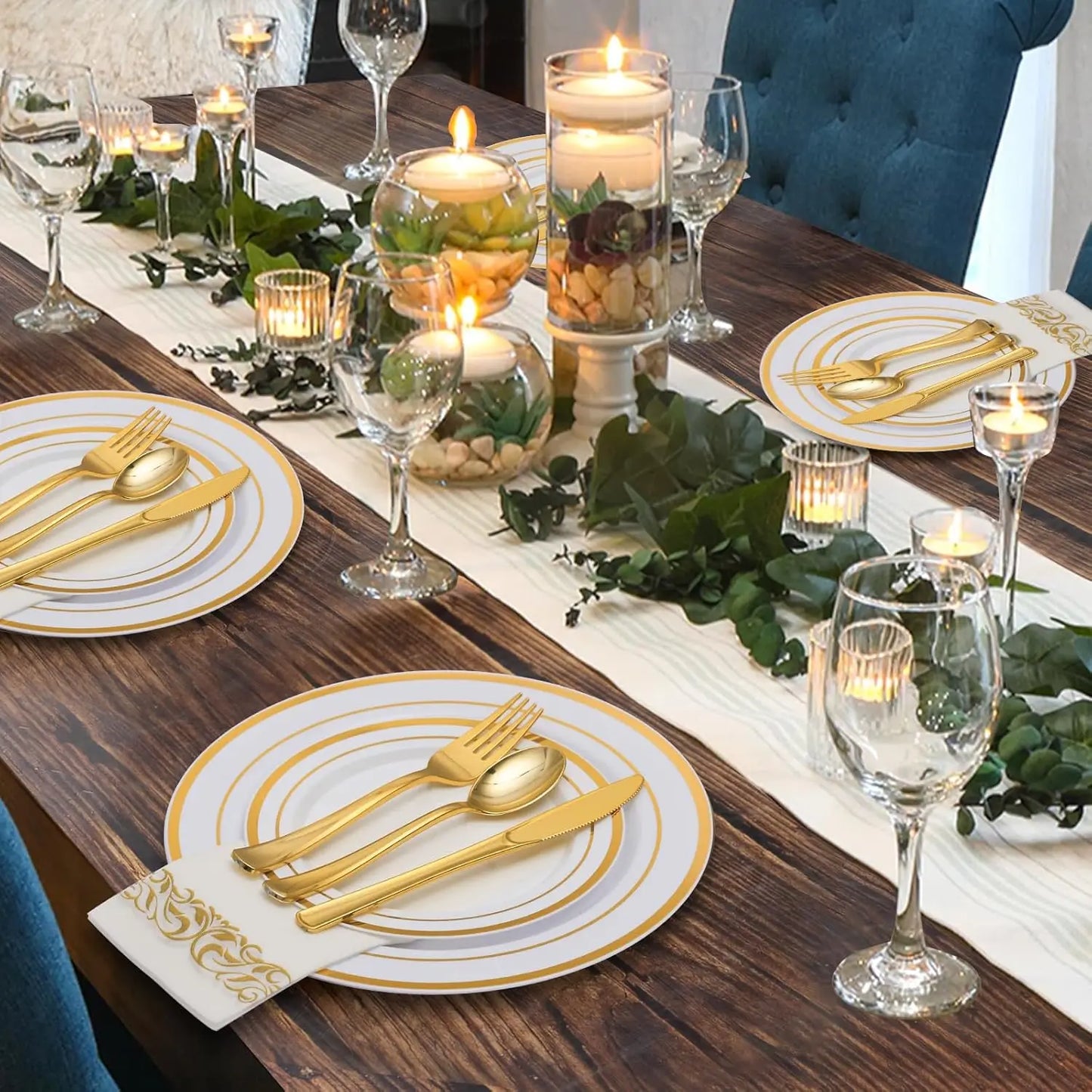 700 Pieces Gold Dinnerware Set for 100 Guests. Include: 100 Gold Rim Dinner Plates, 100 Dessert Plates, 10